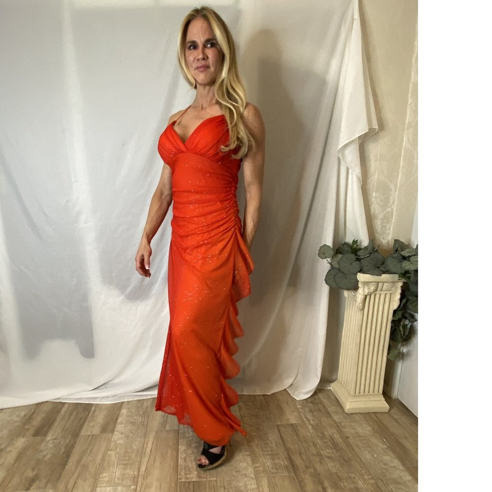 (REDUCED 25% OFF)   Betsy and Adam Red sheath gown, Spaghetti Straps, Size 14.